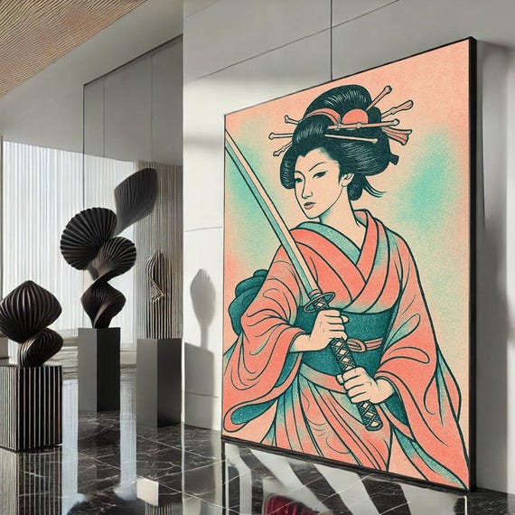 Traditional Japanese Samurai Woman Canvas Bold Oriental Warrior Art For Living Room Decor Statement Piece