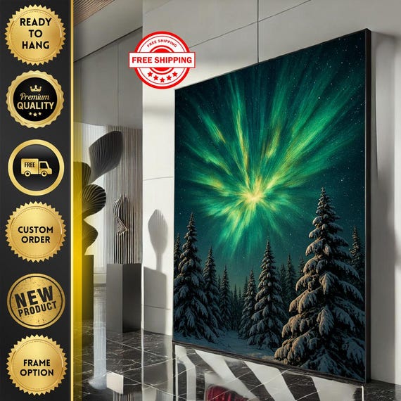 Northern Lights Canvas Wall Art Print Enchanting Winter Landscape Living Room Decor Ready To Hang And Inspire