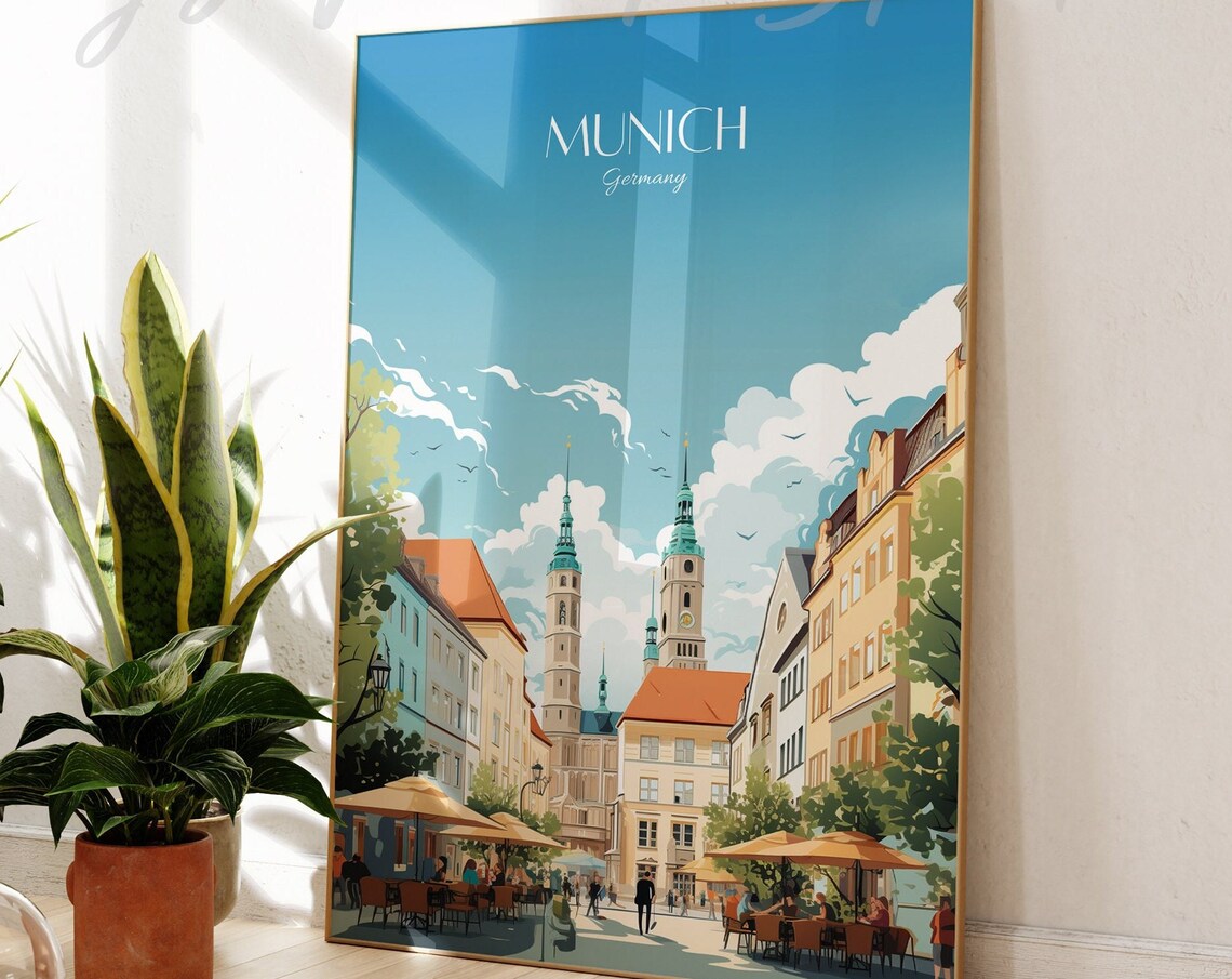 Munich Germany Old Town Cafe Street Vintage Europe Travel Poster