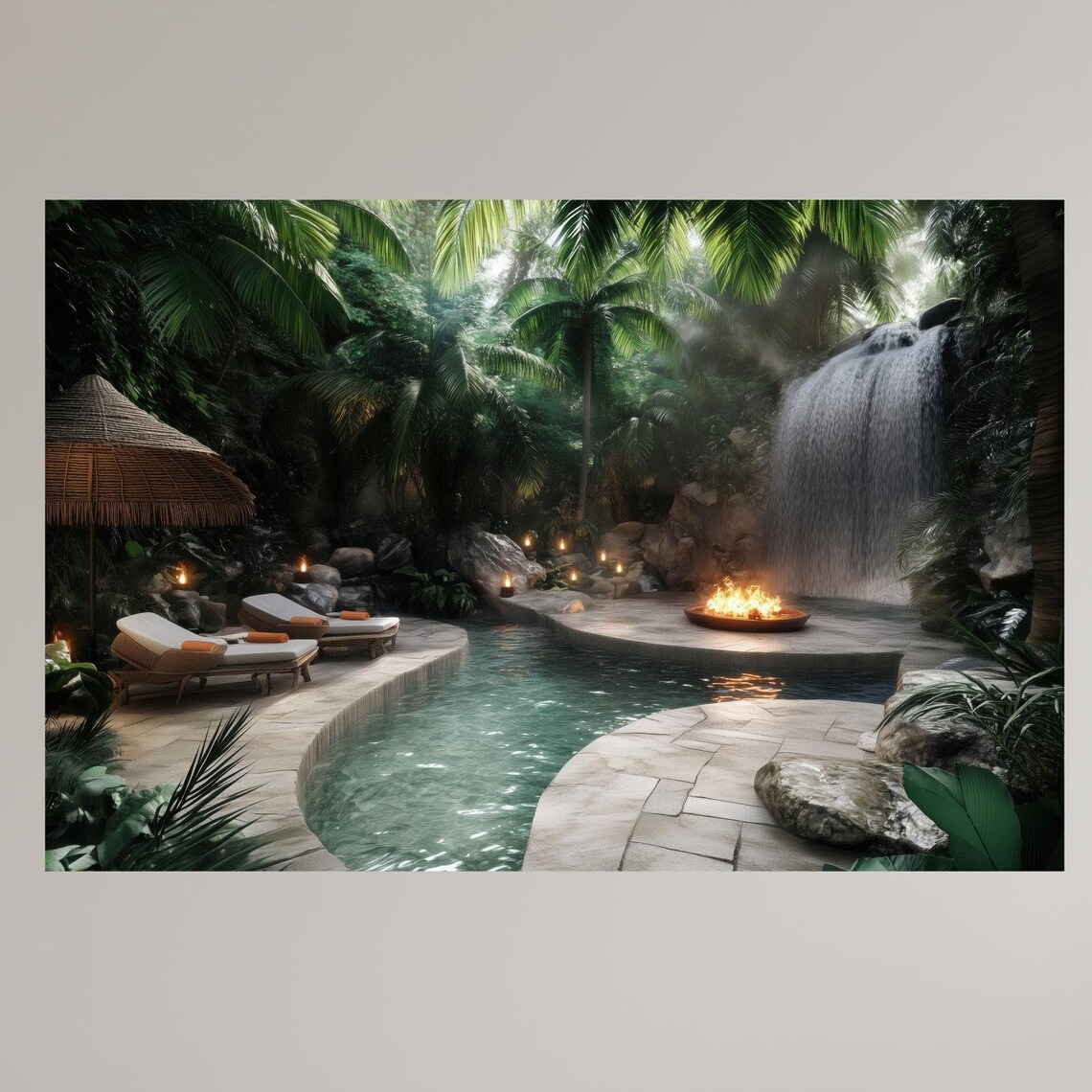 Luxurious Jungle Poolside With Waterfall And Fire Bowl Tropical Retreat Wall Art Relaxing Nature Decor For Home Or Spa