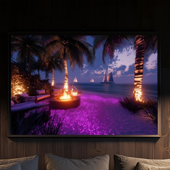 Bioluminescent Beach Night With Fire Pit And Sailboats Magical Tropical Sunset Scene Wall Art Ocean Glow Decor
