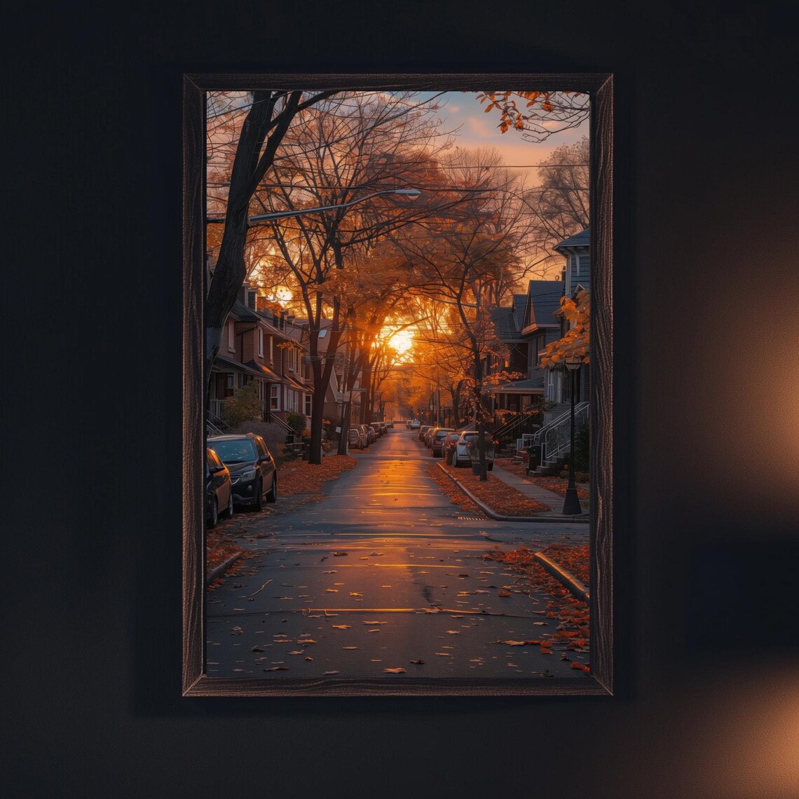 Cozy Autumn Street At Sunset With Golden Trees And Homes Poster