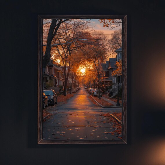 Cozy Autumn Street At Sunset With Golden Trees And Homes Poster