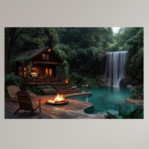Rustic Cabin By Waterfall Art Print Cozy Forest Retreat Wall Art Nature Inspired Cabin Decor Tranquil Fire Pit Scene