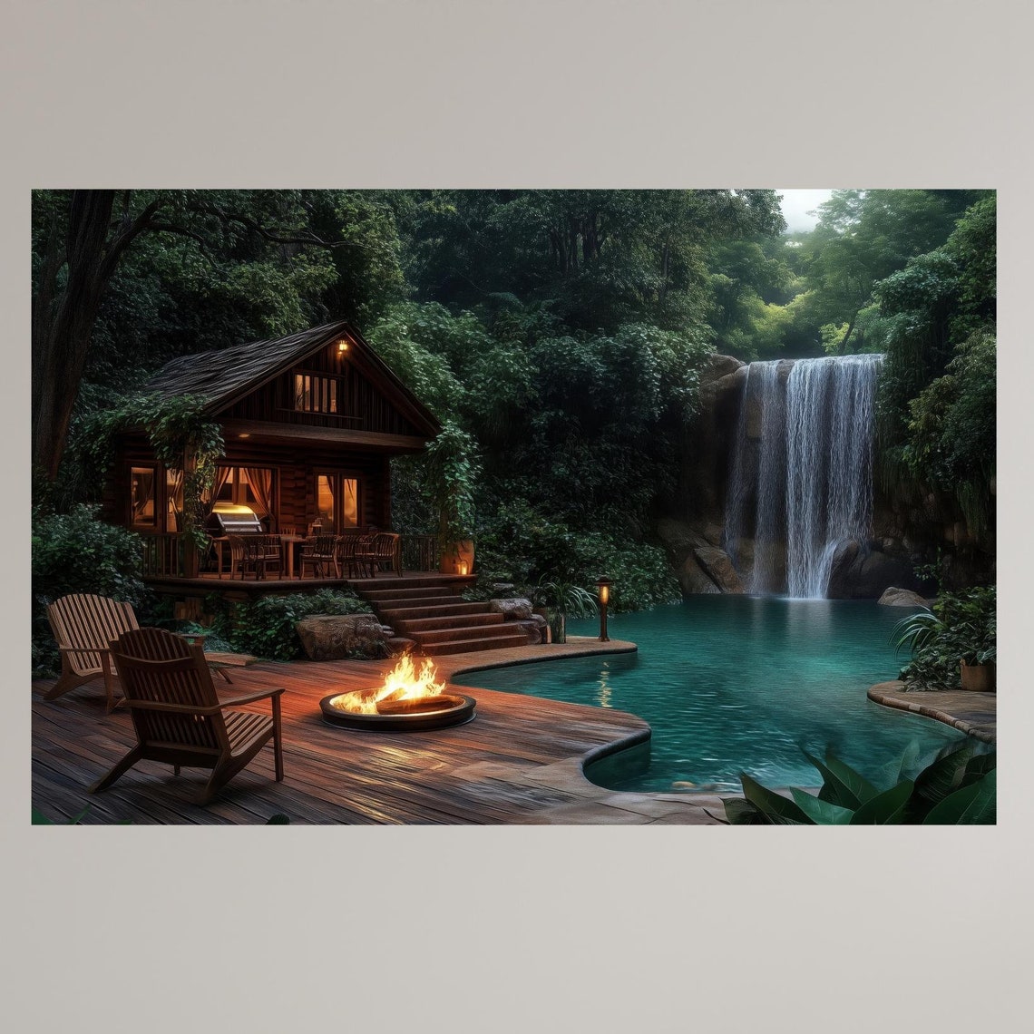Cozy Cabin By Waterfall Night Fire Pit Deck Adirondack Chairs Poster