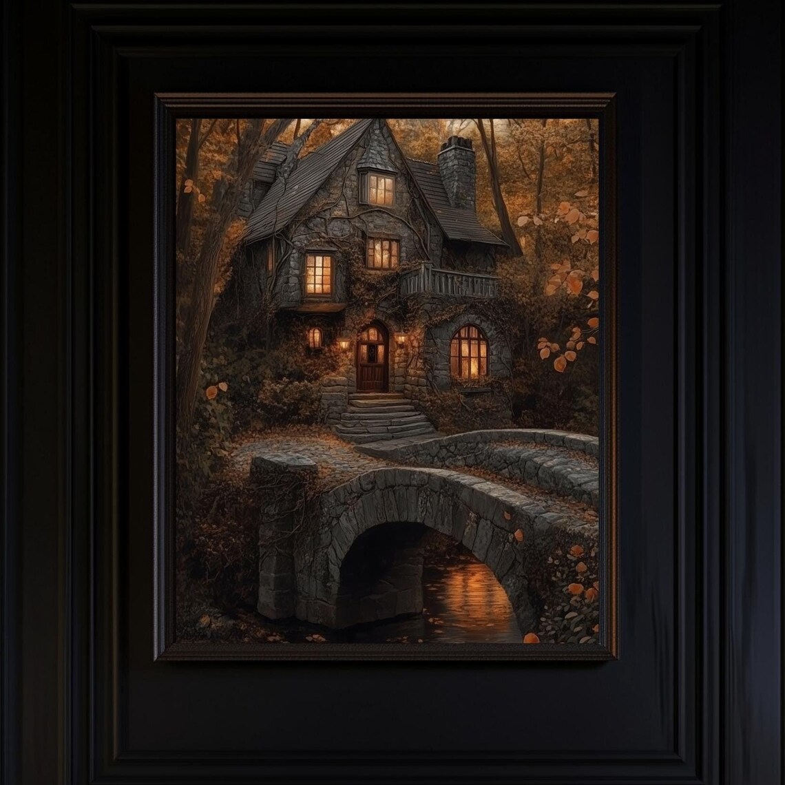 Glowing Stone Cottage By Old Autumn Bridge In The Woods Poster