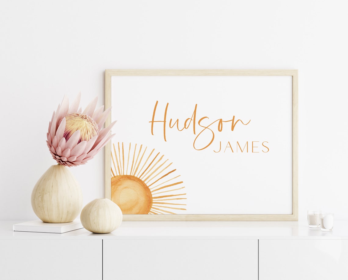Hudson James Watercolor Sun Personalized Baby Name Nursery Poster