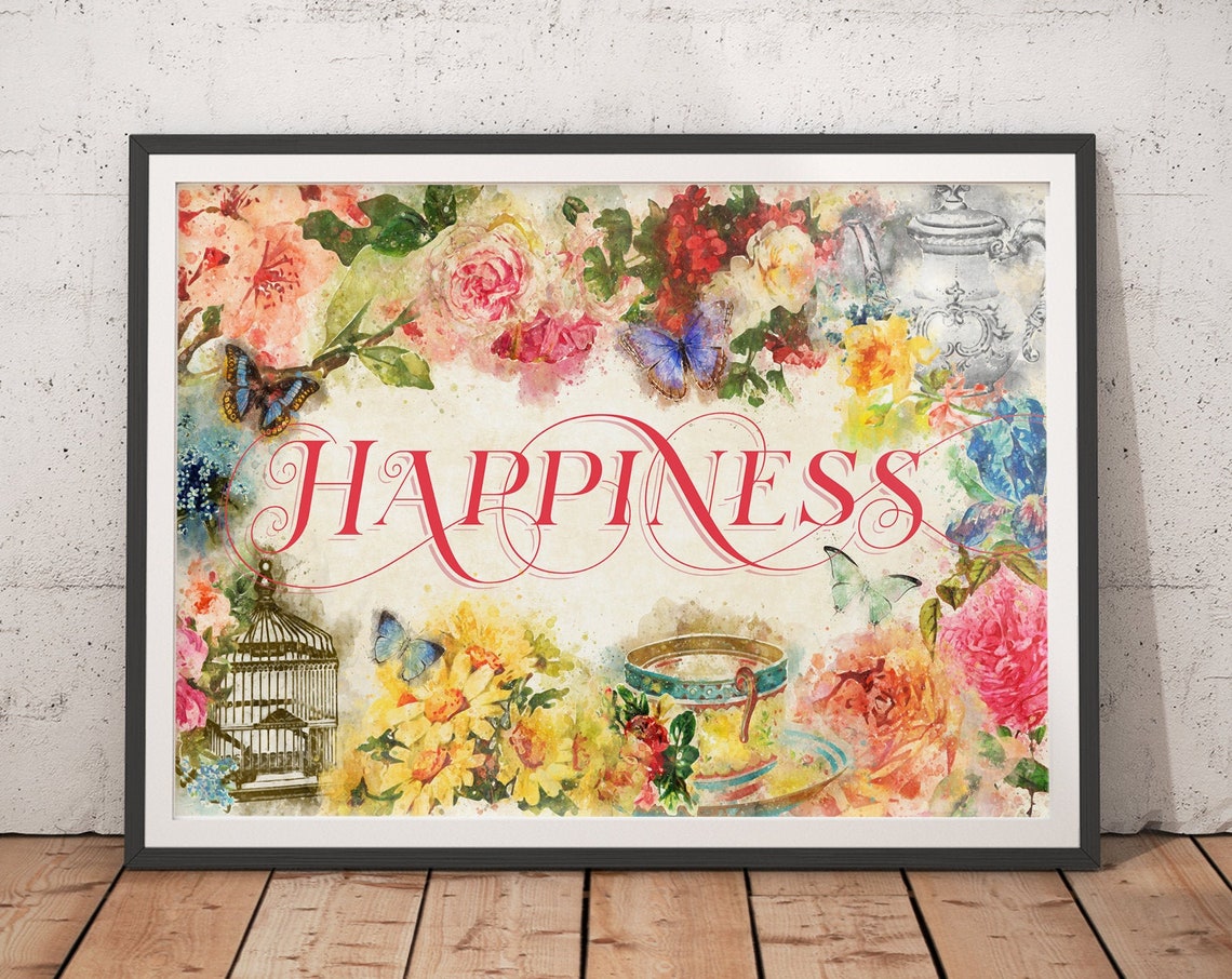 Happiness Script Over Watercolor Florals Tea Cup Scene Poster