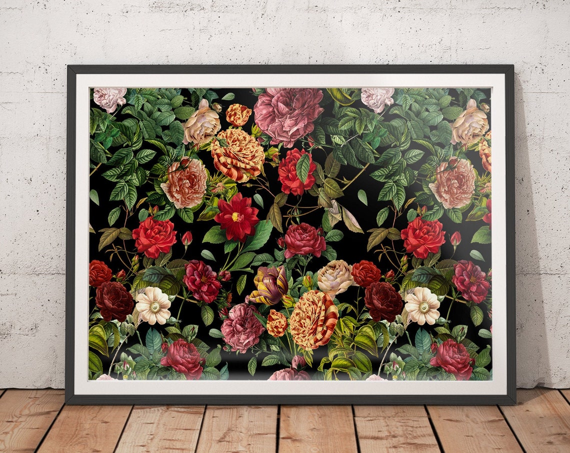 Vintage Deep Red and Crimson Roses on Black Botanical Art Poster