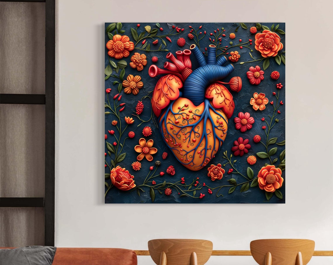 Vibrant Anatomical Heart Sculpted Floral Art Bold Botanical Poster