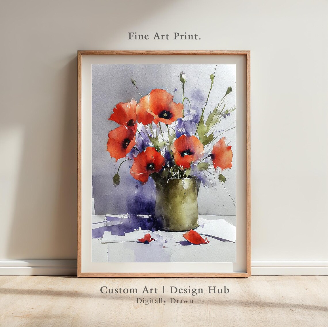 Red Poppy Watercolor Bouquet Lavender Floral Still Life Wall Art