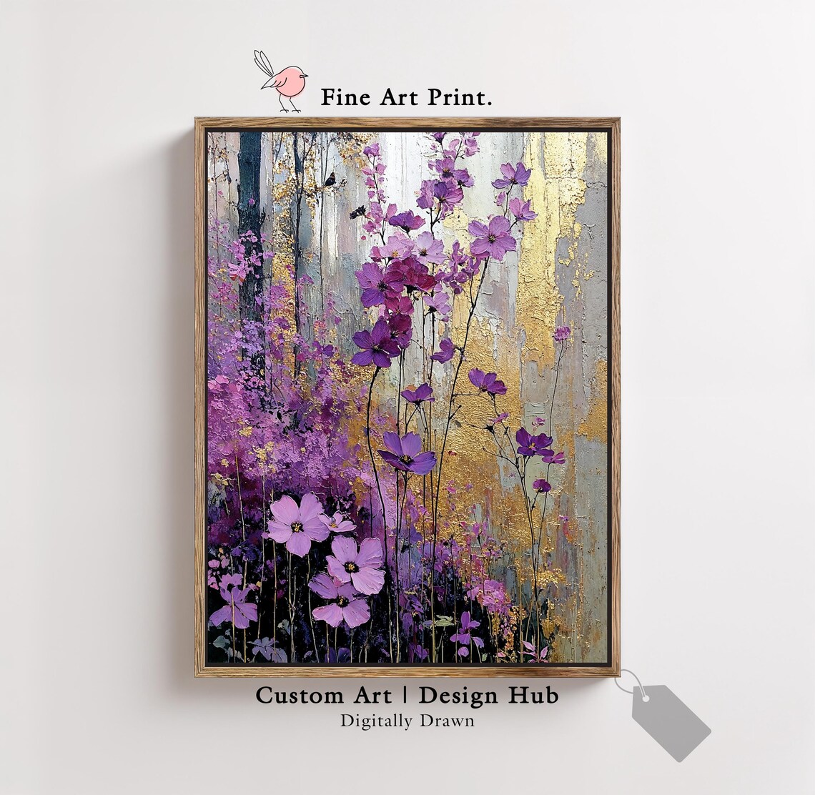 Violet And Gold Floral Wall Art Modern Botanical Print For Elegant Interiors