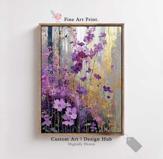 Purple Wildflowers Birch Forest Gold Accent Botanical Wall Print