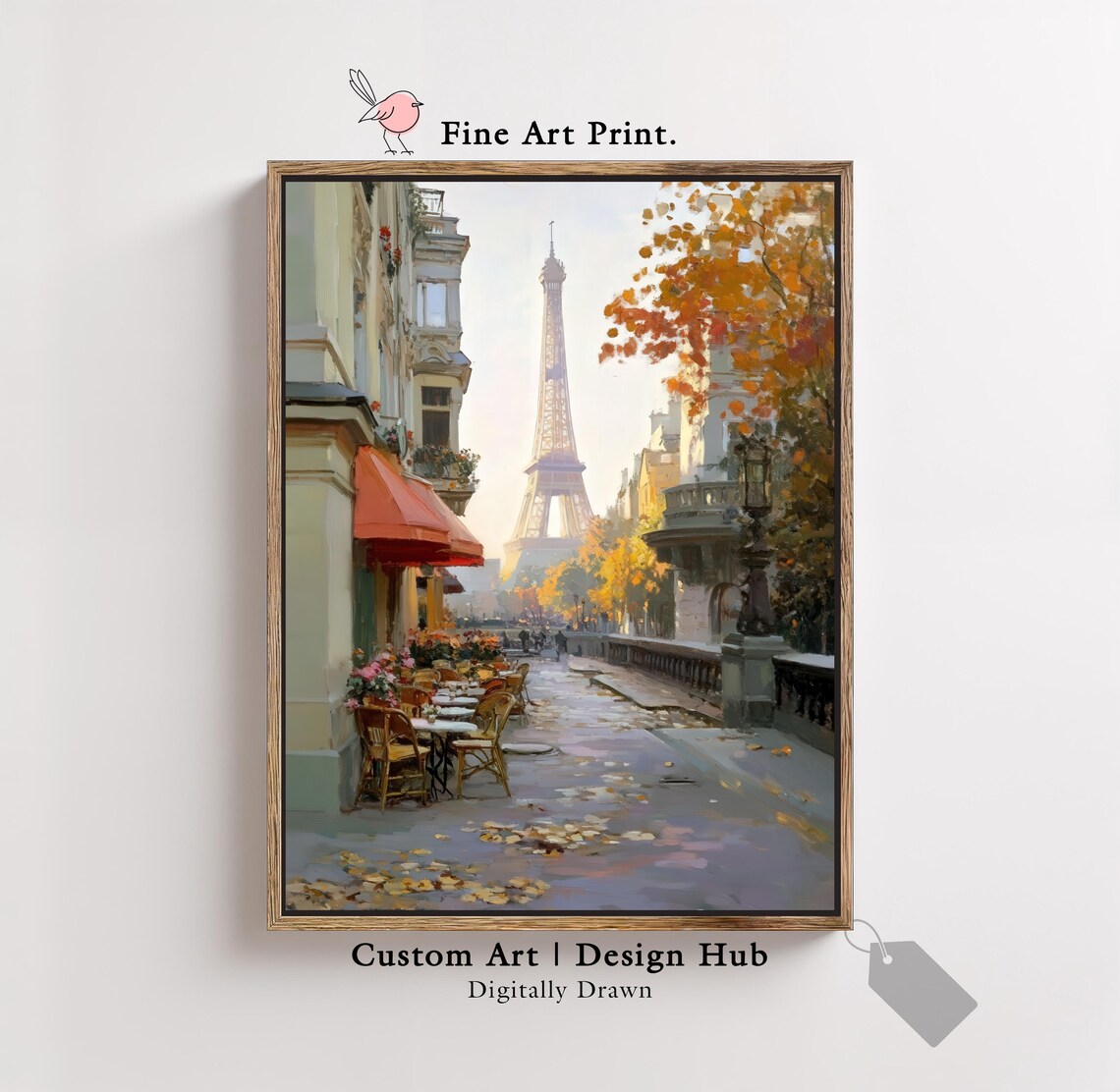 Paris Autumn Street Eiffel Tower Cafe Scene Romantic French City Art Poster