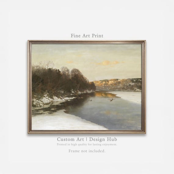 Winter River Landscape Oil Painting Print Serene Snowy Sunset Fine Art Wall Decor