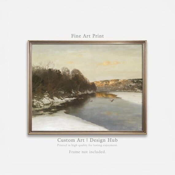 Winter River Sunset Ducks Calm Vintage Landscape Oil Art Print
