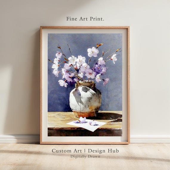 Watercolor Poster With Blooming Cherry Branches In Vase Floral Botanical Wall Art Print