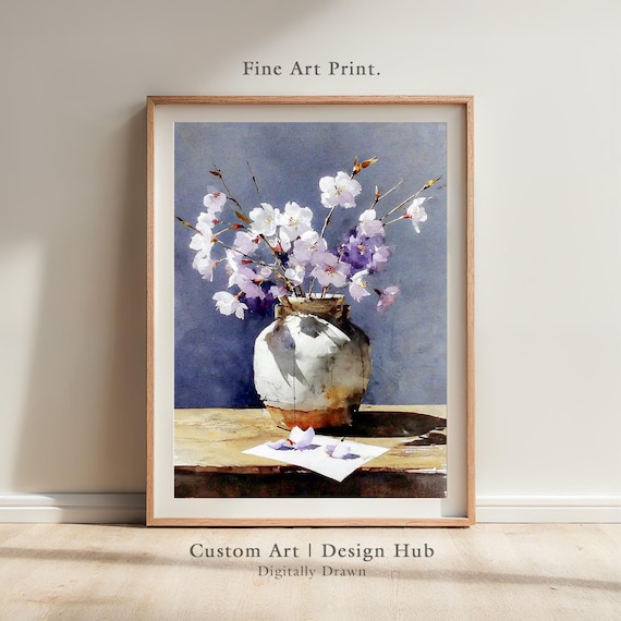 White Cherry Blossom Branches Rustic Vase Watercolor Spring Poster