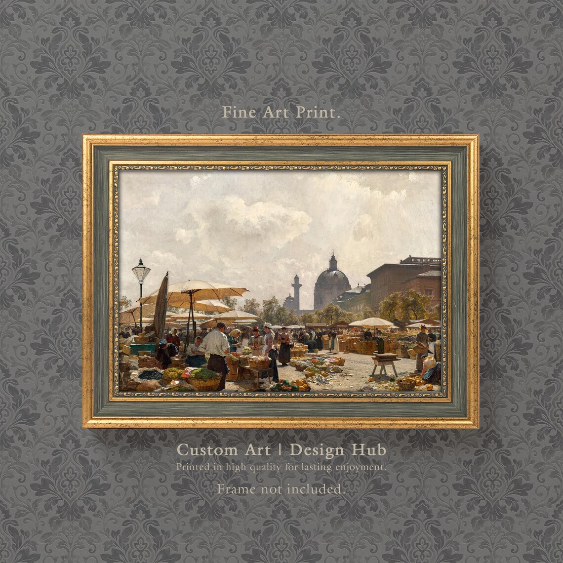 Vintage European Market Scene Painting Crowded Square Classic Street Poster