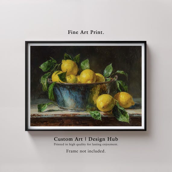 Lemon Still Life Print Vintage Kitchen Decor Rustic Blue Bucket