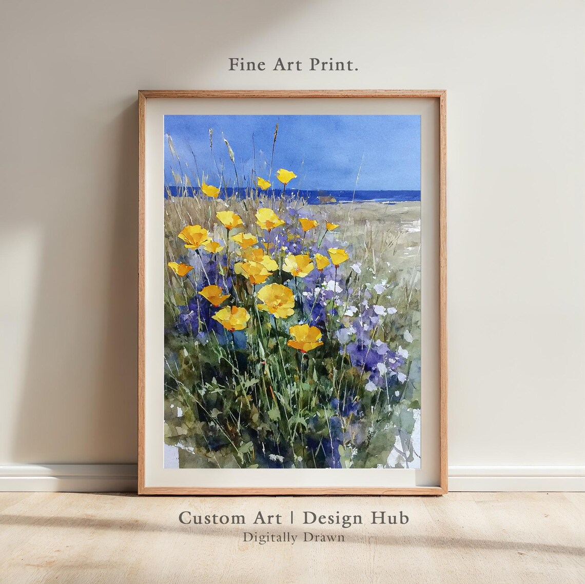 Watercolor Yellow Poppies And Wildflowers By The Coast Seaside Poster