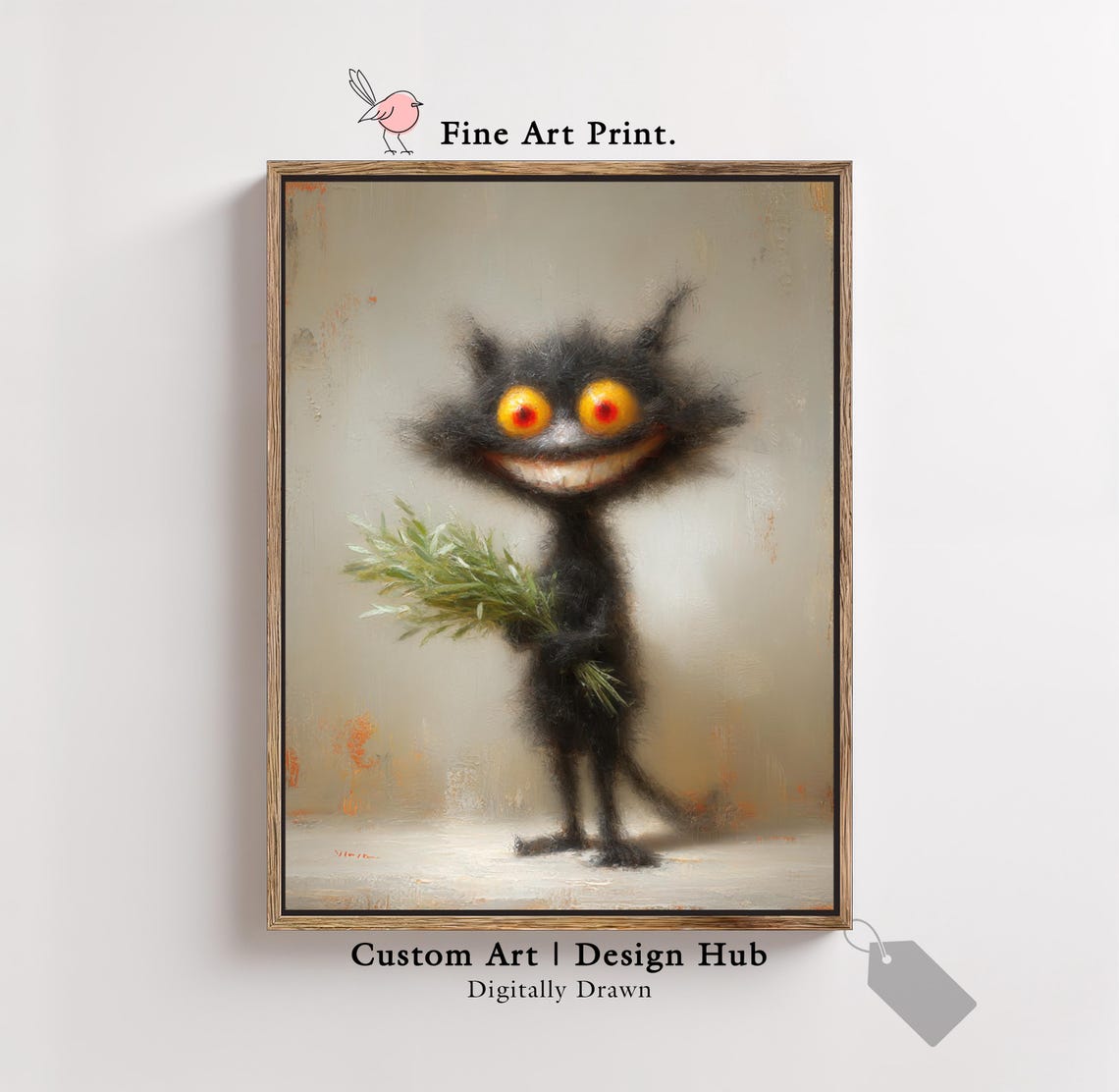 Spooky Black Cat With Glowing Orange Eyes Whimsical Art Poster