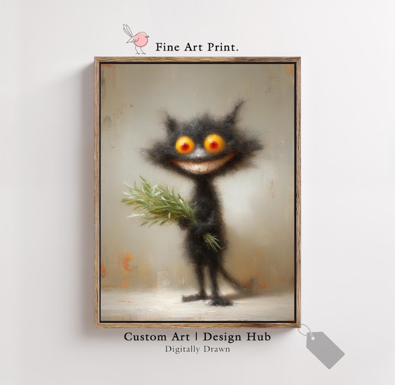 Creepy Cute Black Cat With Big Eyes Surreal Whimsical Wall Art Print