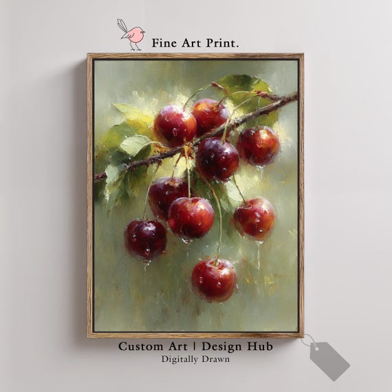 Cherry Branch Still Life Print Vintage Rustic Farmhouse Kitchen Art