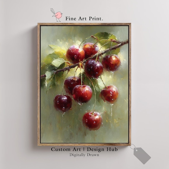 Ripe Red Cherries Branch Dew Drops Vintage Still Life Art Poster