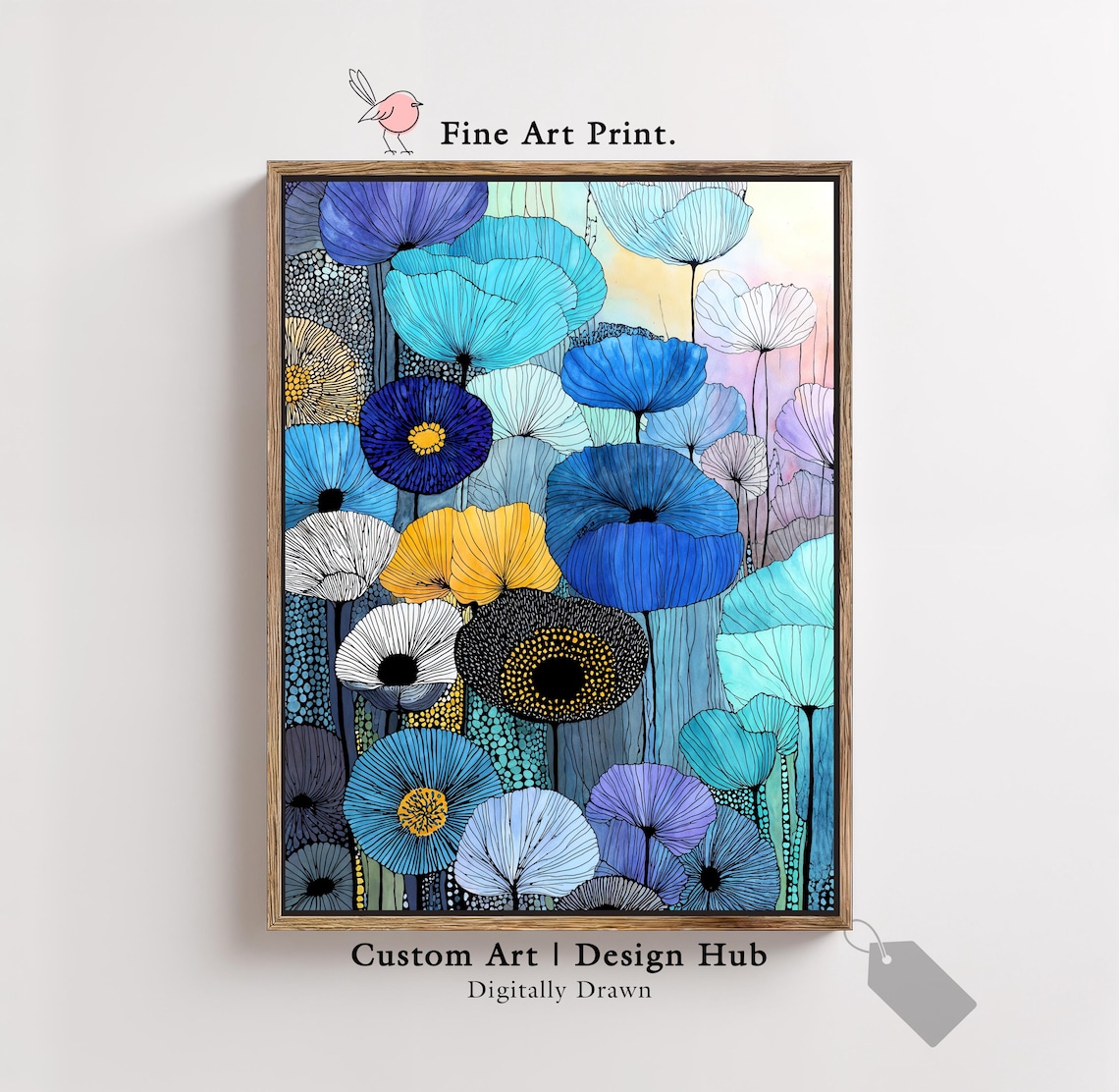 Abstract Blue Poppy Flower Field Modern Botanical Fine Art Print