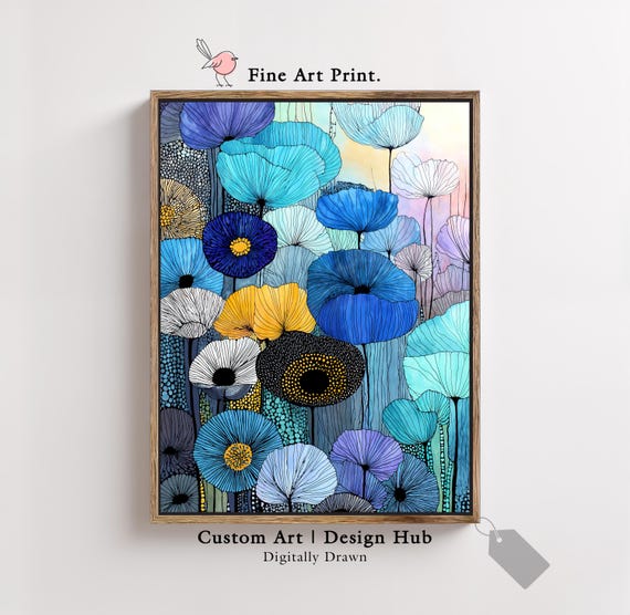 Blue And Yellow Abstract Floral Wall Art Print Modern Botanical Poster