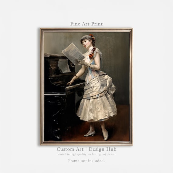 Victorian Lady Singing At Piano Vintage Elegant Oil Painting Print