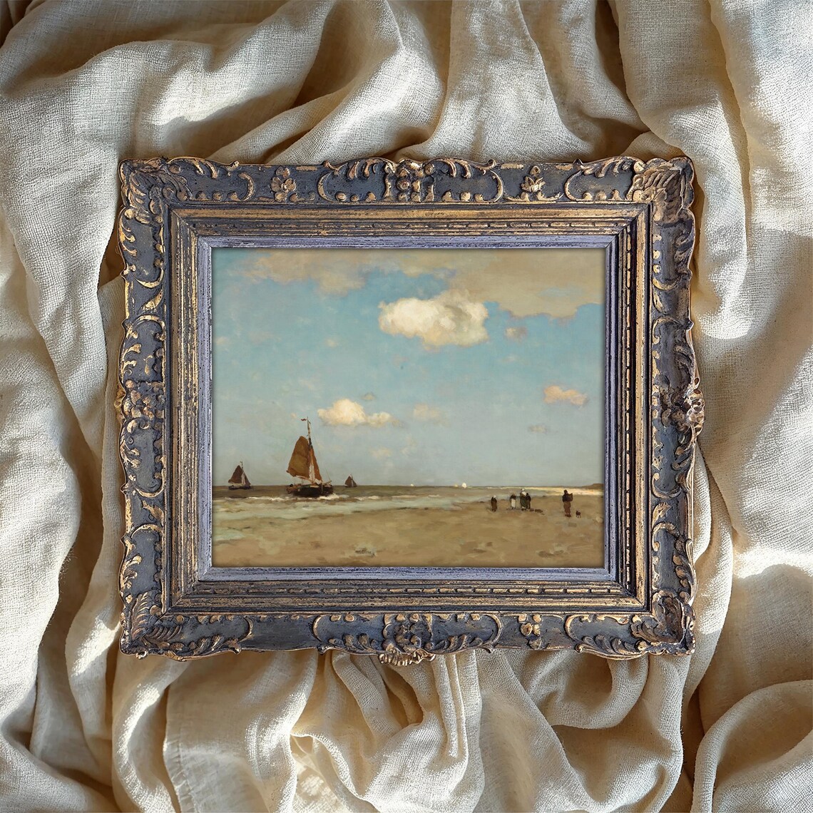 Sailboats on Quiet Beach Vintage Oil Painting Style Wall Art
