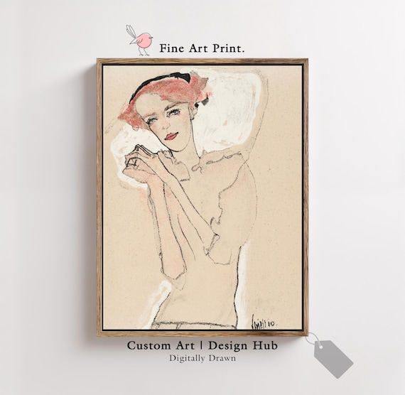 Expressive Ink Sketch Portrait of Woman in Schiele Style Art Print