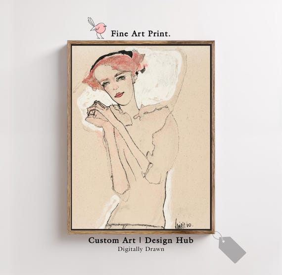 Vintage Style Portrait Art Print Minimalist Female Figure Drawing Pastel Wall Decor