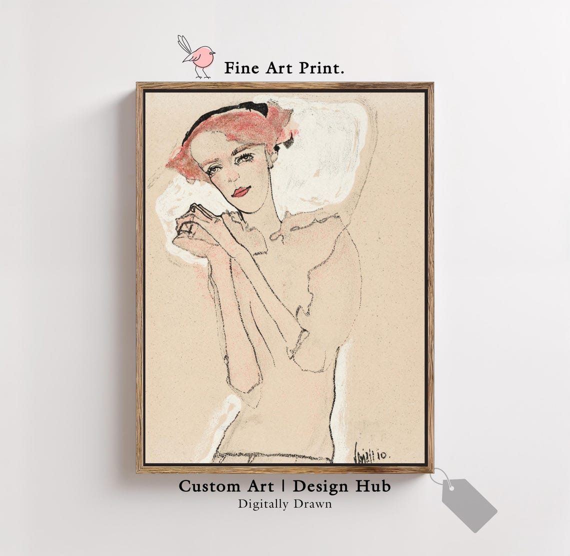 Expressive Ink Sketch Portrait of Woman in Schiele Style Art Print