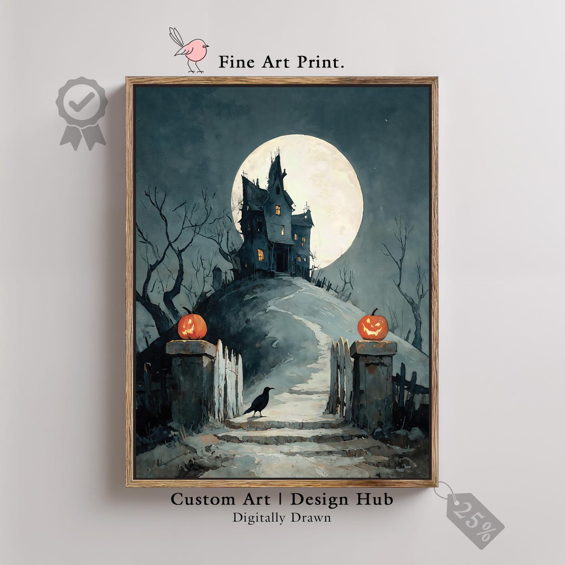 Haunted House Gothic Moonlit Mansion Watercolor Halloween Poster