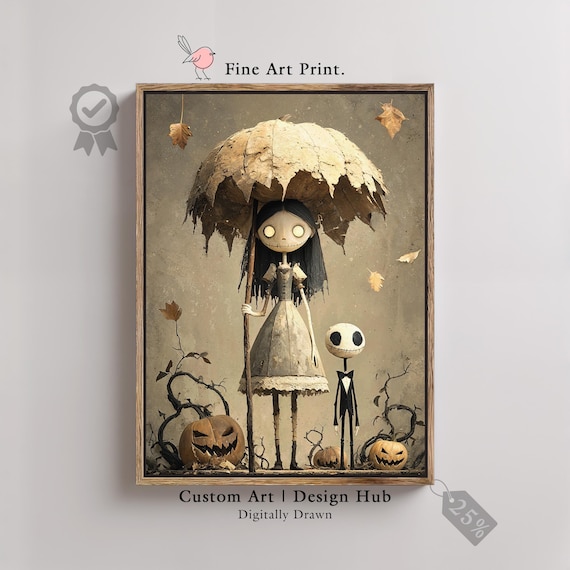 Gothic Halloween Art Print Creepy Doll Pumpkins