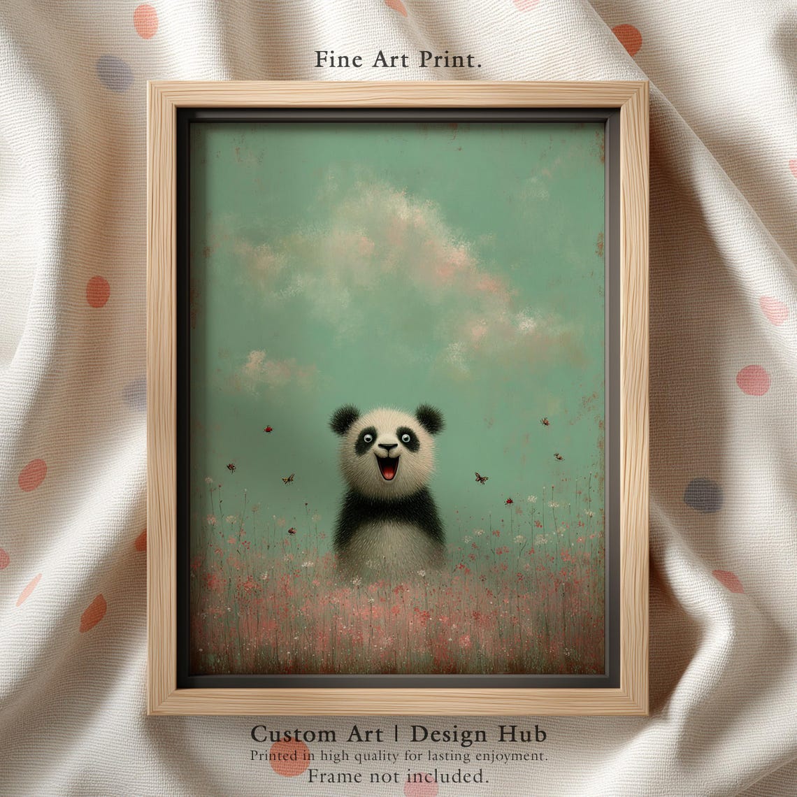 Happy Panda Wildflower Meadow Poster Whimsical Nursery Animal Art
