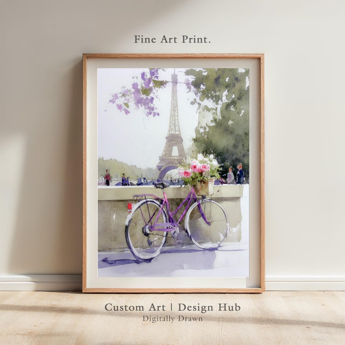 Paris Eiffel Tower Purple Bicycle Watercolor Romantic Street Poster