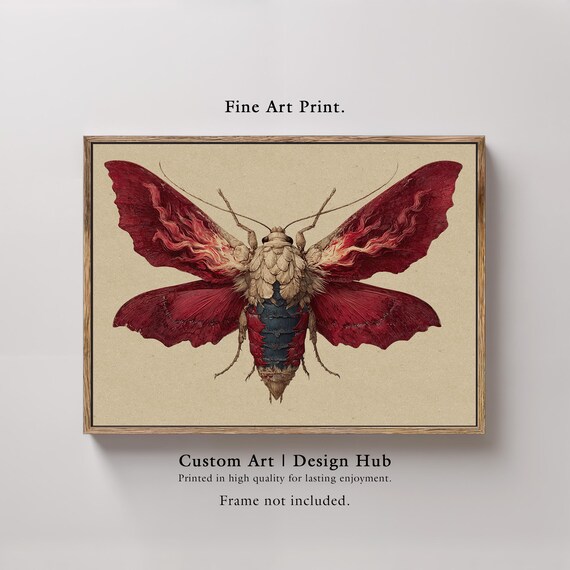 Surreal Red Moth Art Print Gothic Fantasy Insect Wall Decor