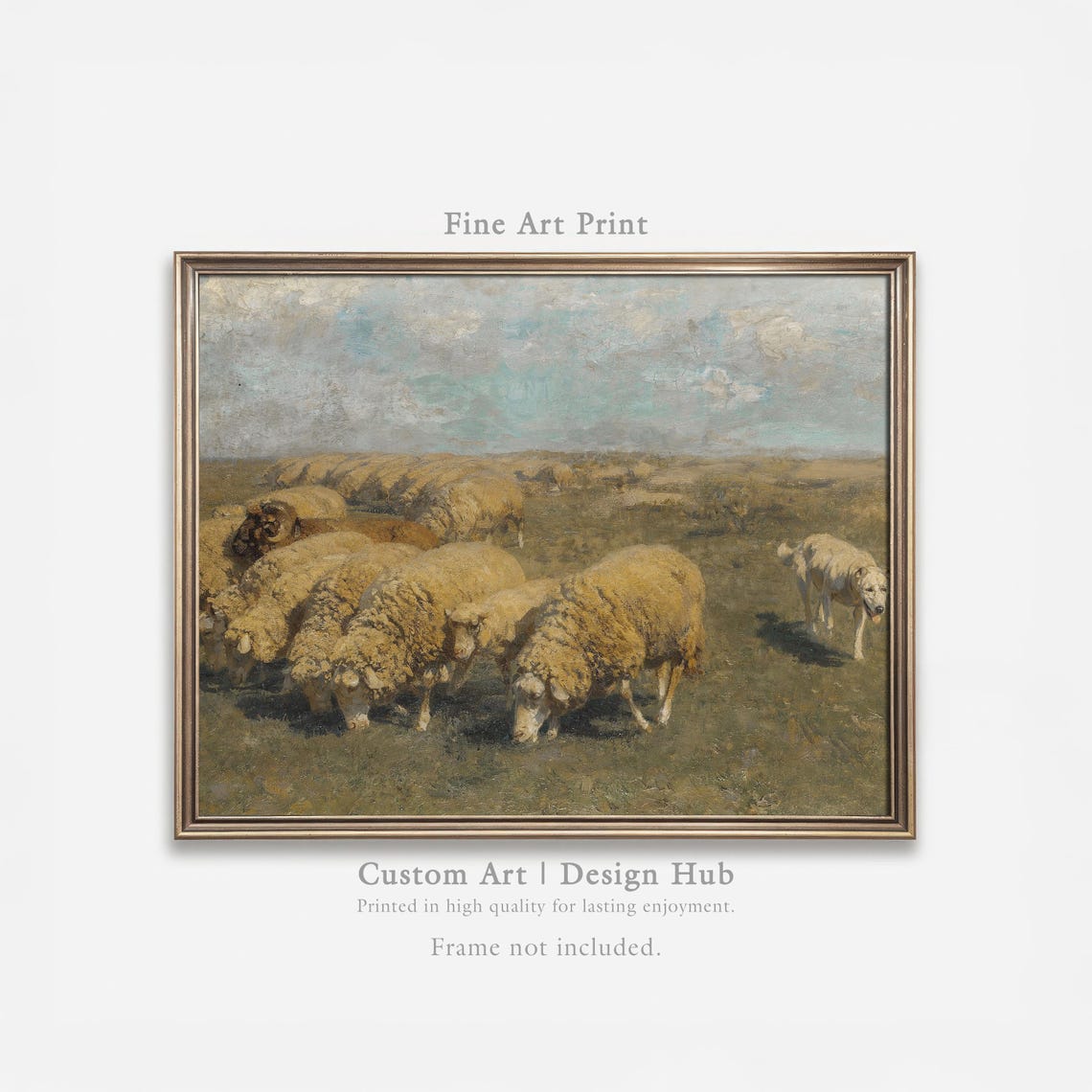Vintage Sheep Herd Grazing Pasture Pastoral Oil Painting Print