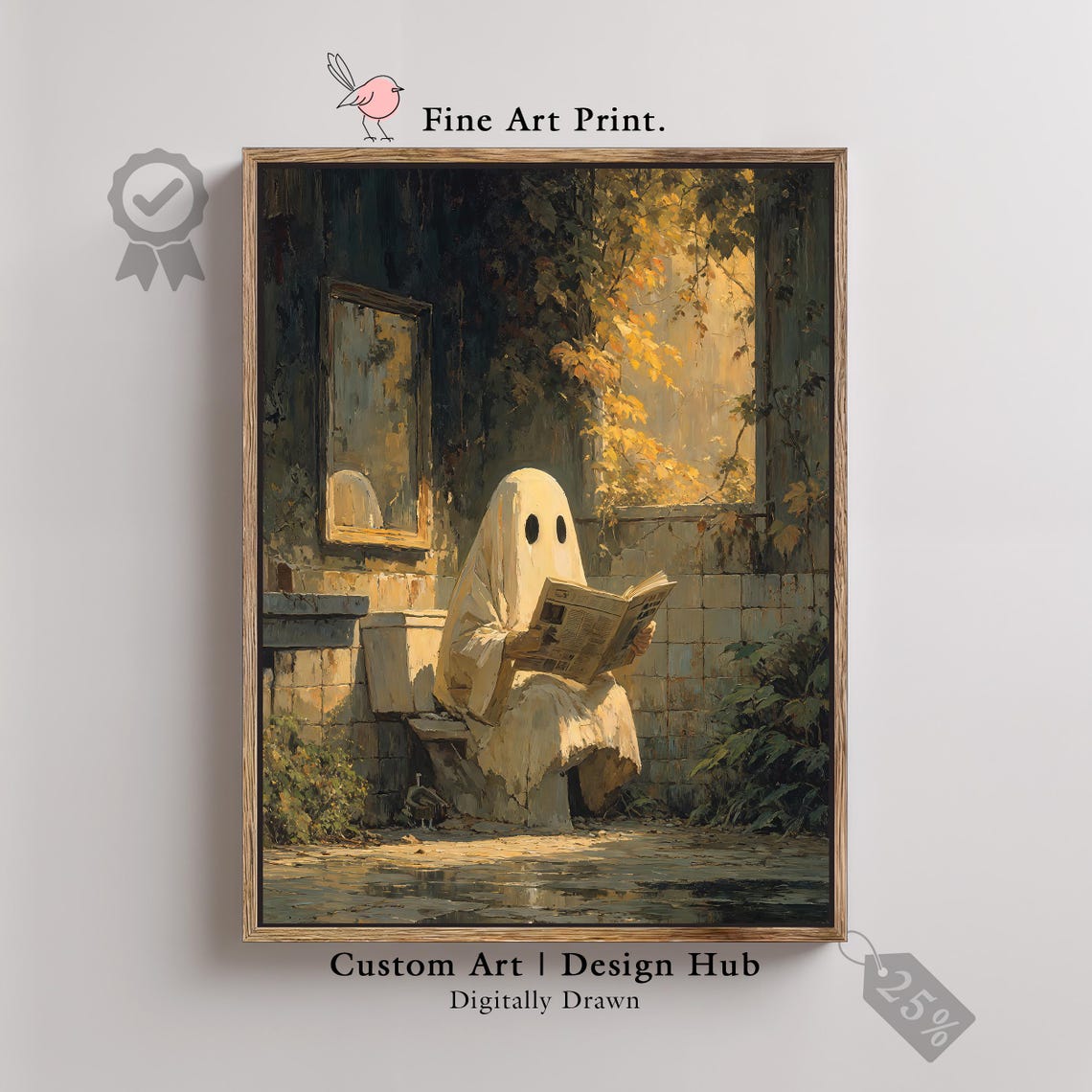 Funny Ghost Reading Newspaper in Haunted Bathroom Art Poster