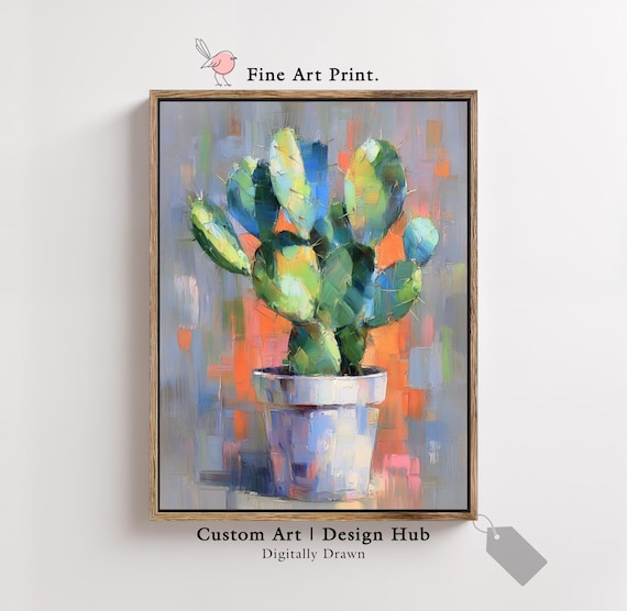 Prickly Pear Cactus In Pot Colorful Abstract Oil Painting Wall Art