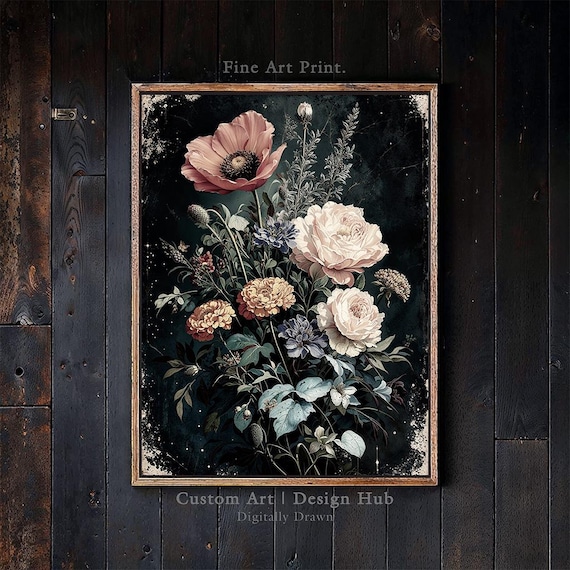 Dark Floral Bouquet Wall Art Print Vintage Botanical Flower Painting Decor