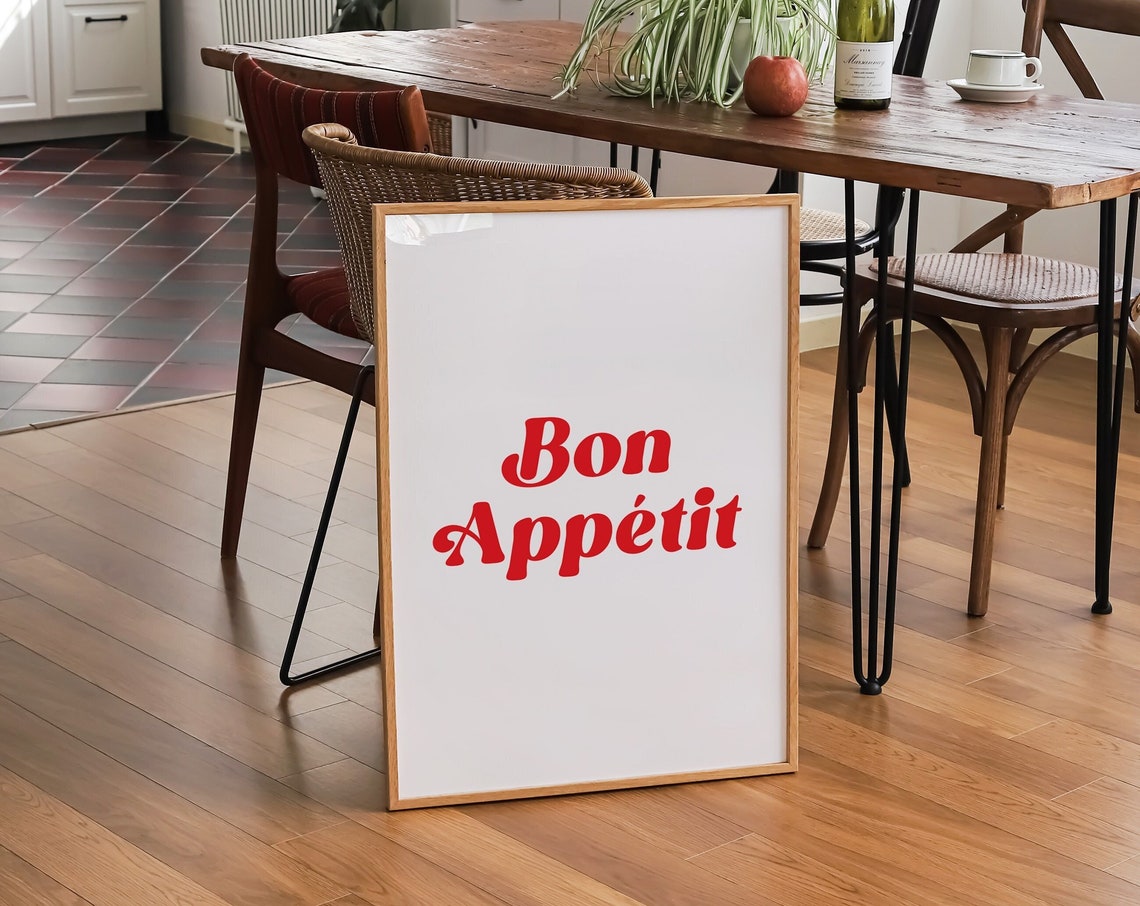 Bon Appetit Red Retro Typography French Kitchen Quote Decor Poster