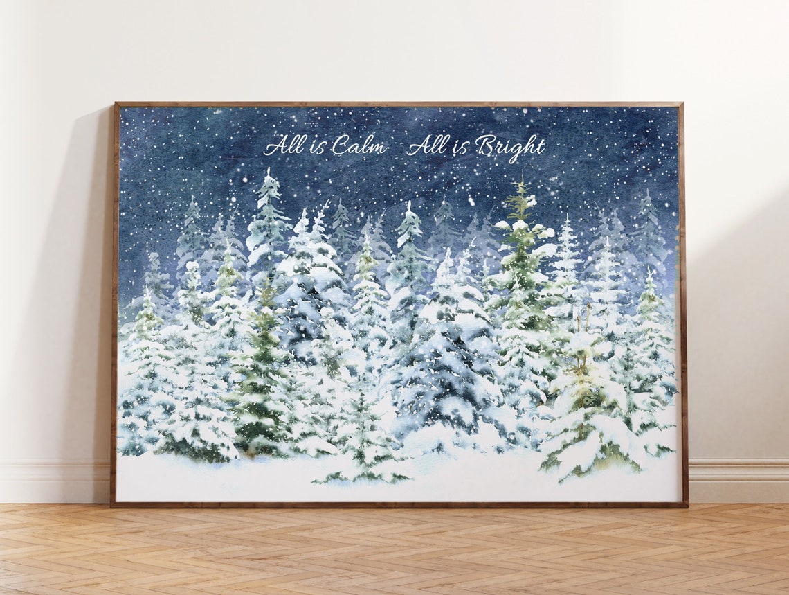 All Is Calm All Is Bright Snowy Forest Night Watercolor Wall Art
