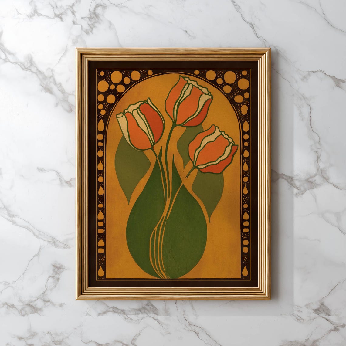 Retro Orange Tulip Trio in Art Nouveau Gold Arch Floral Poster