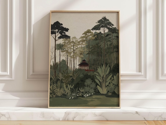 Botanical Pavilion Jungle Pagoda Muted Olive Green Art Print