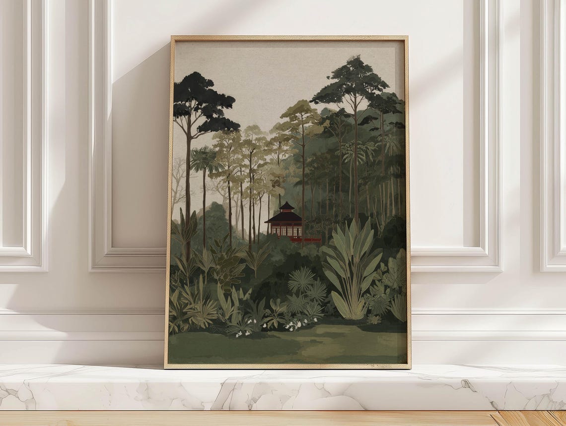 Botanical Pavilion Jungle Pagoda Muted Olive Green Art Print